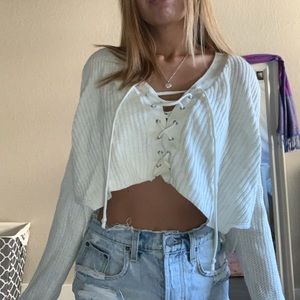 Lace Up Cropped White Sweater